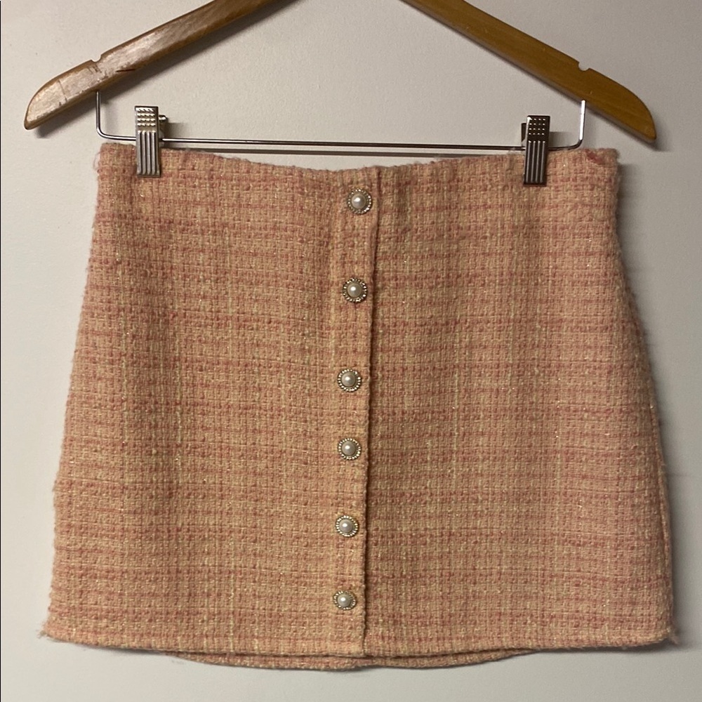 ELODIE Chic Pink Tweed Skirt Button down
